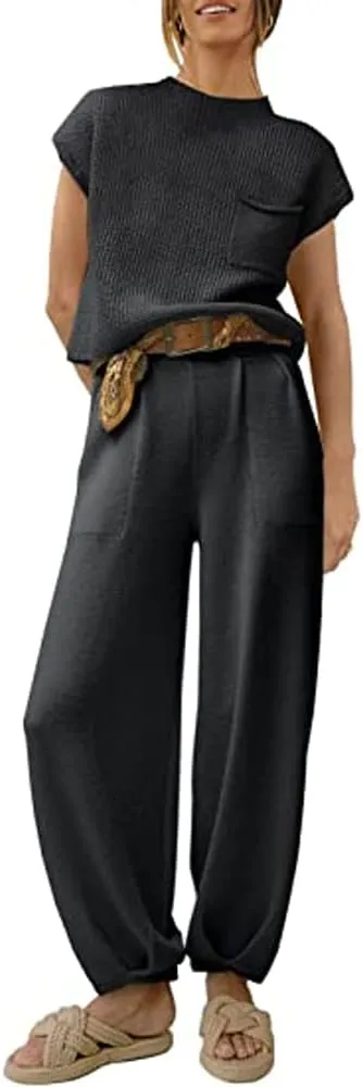 Nituyy Women Two Piece Sweater Lounge Set Knit Short Sleeve Pullover Tops and High Waisted Harem Pants 2 Piece Loungewear Set