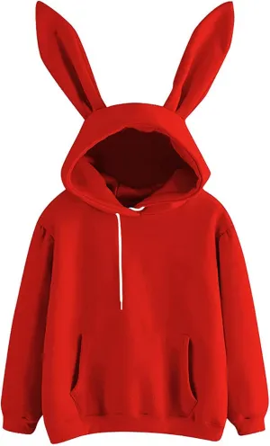 Oplxuo Women Bunny Ear Hoodies Kawaii Pullover Tops Rabbit Ear Sweatshirt with Pocket Cute Animal Hoodie for Teen Girls