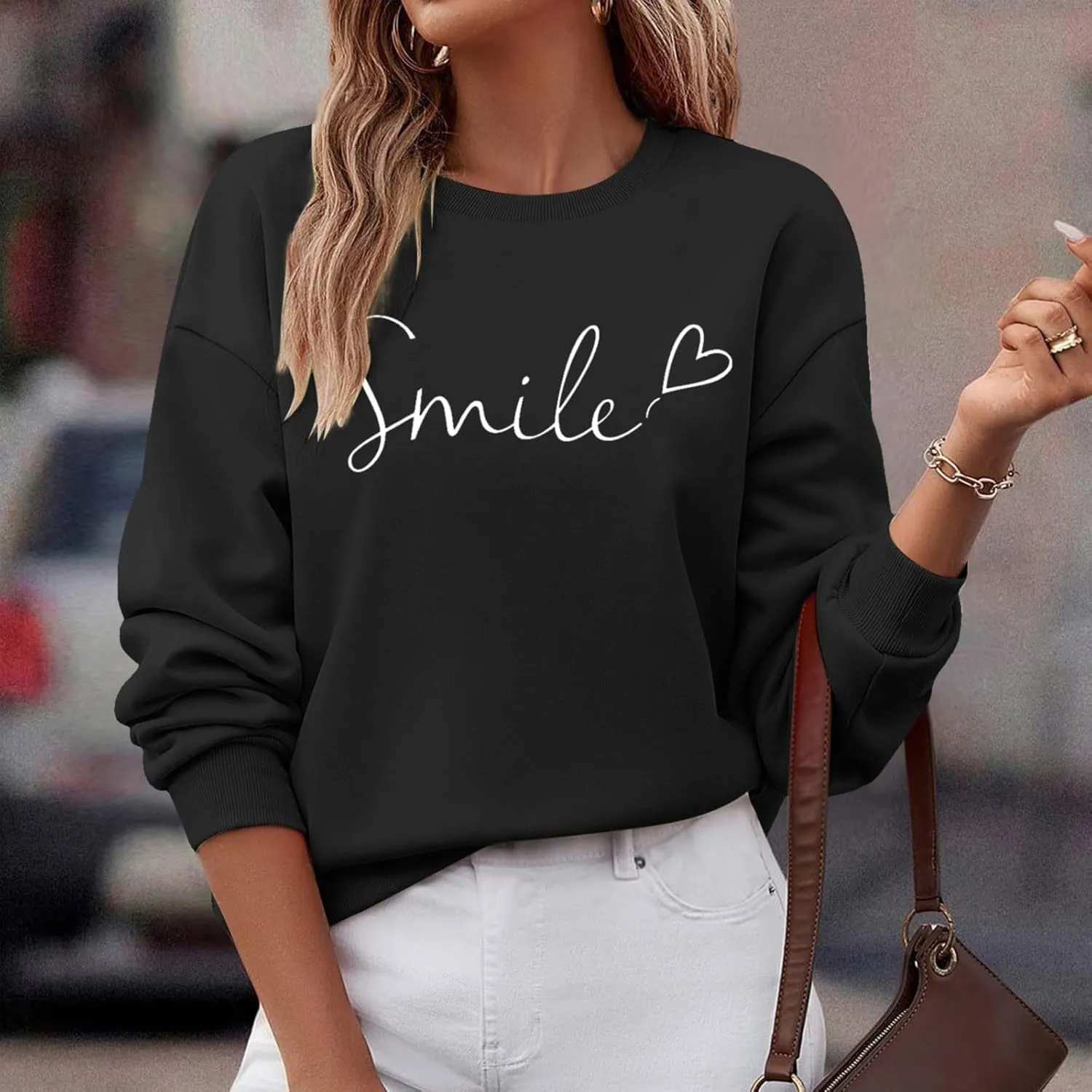 Oversized Sweatshirts for Women Smile Letter Graphic Crewneck Long Sleeve Pullover Tops Fleece Fall Preppy Shirts