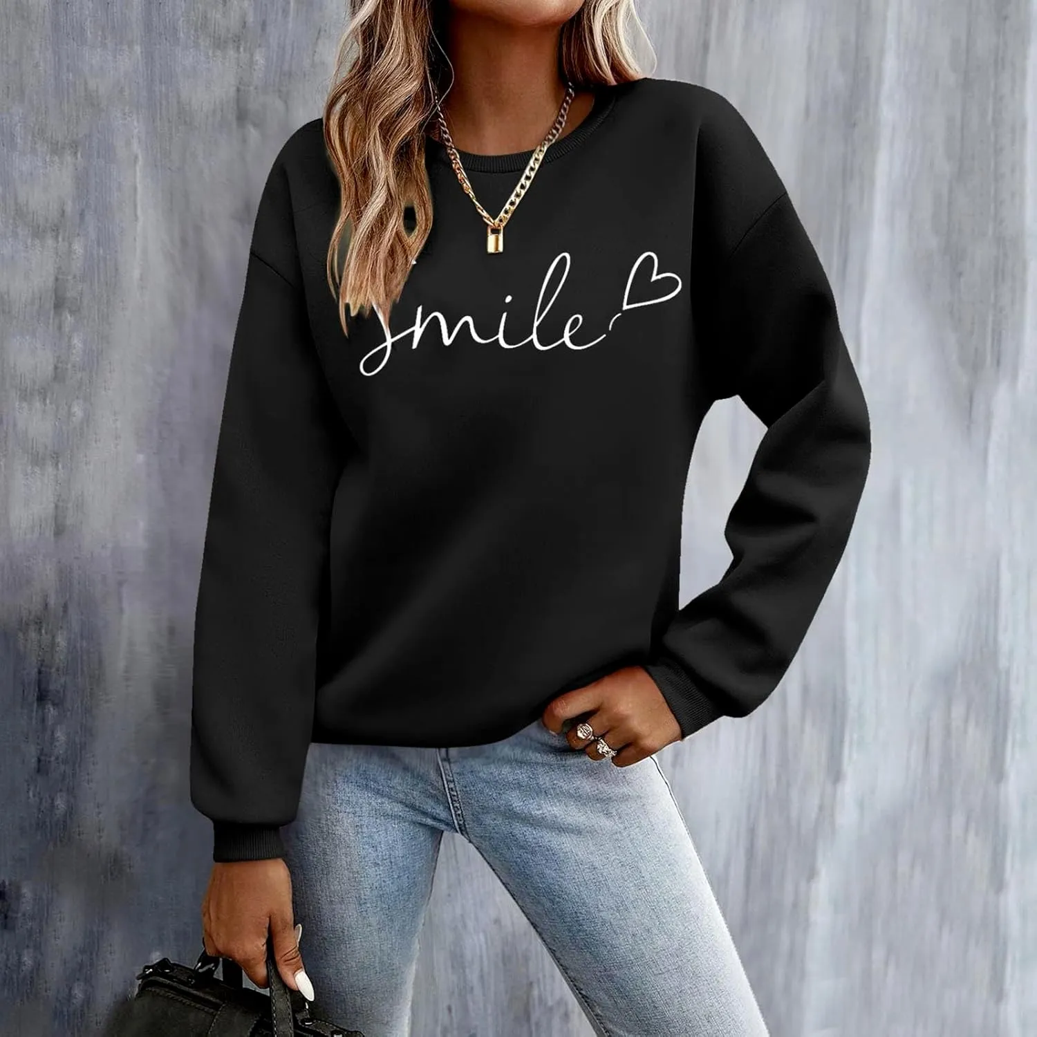 Oversized Sweatshirts for Women Smile Letter Graphic Crewneck Long Sleeve Pullover Tops Fleece Fall Preppy Shirts