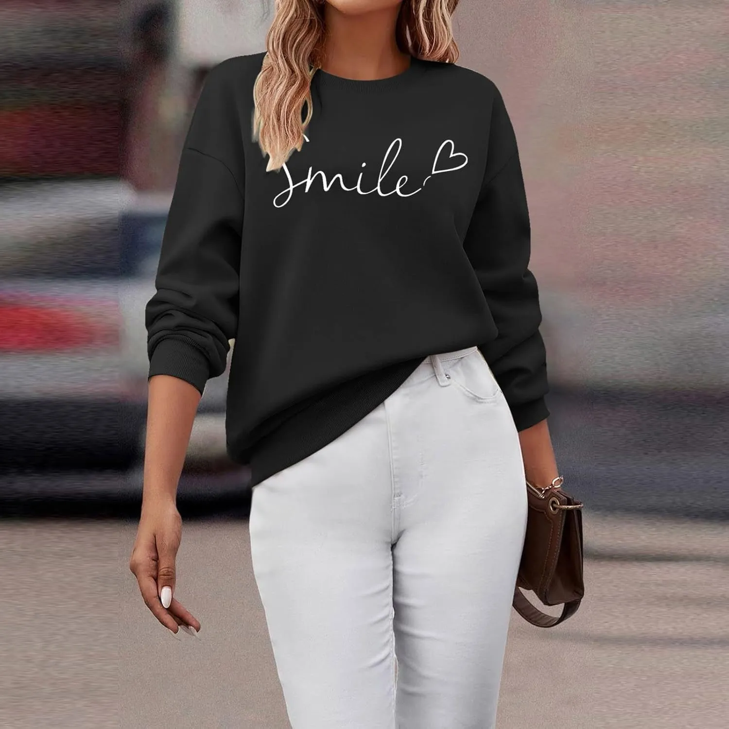 Oversized Sweatshirts for Women Smile Letter Graphic Crewneck Long Sleeve Pullover Tops Fleece Fall Preppy Shirts