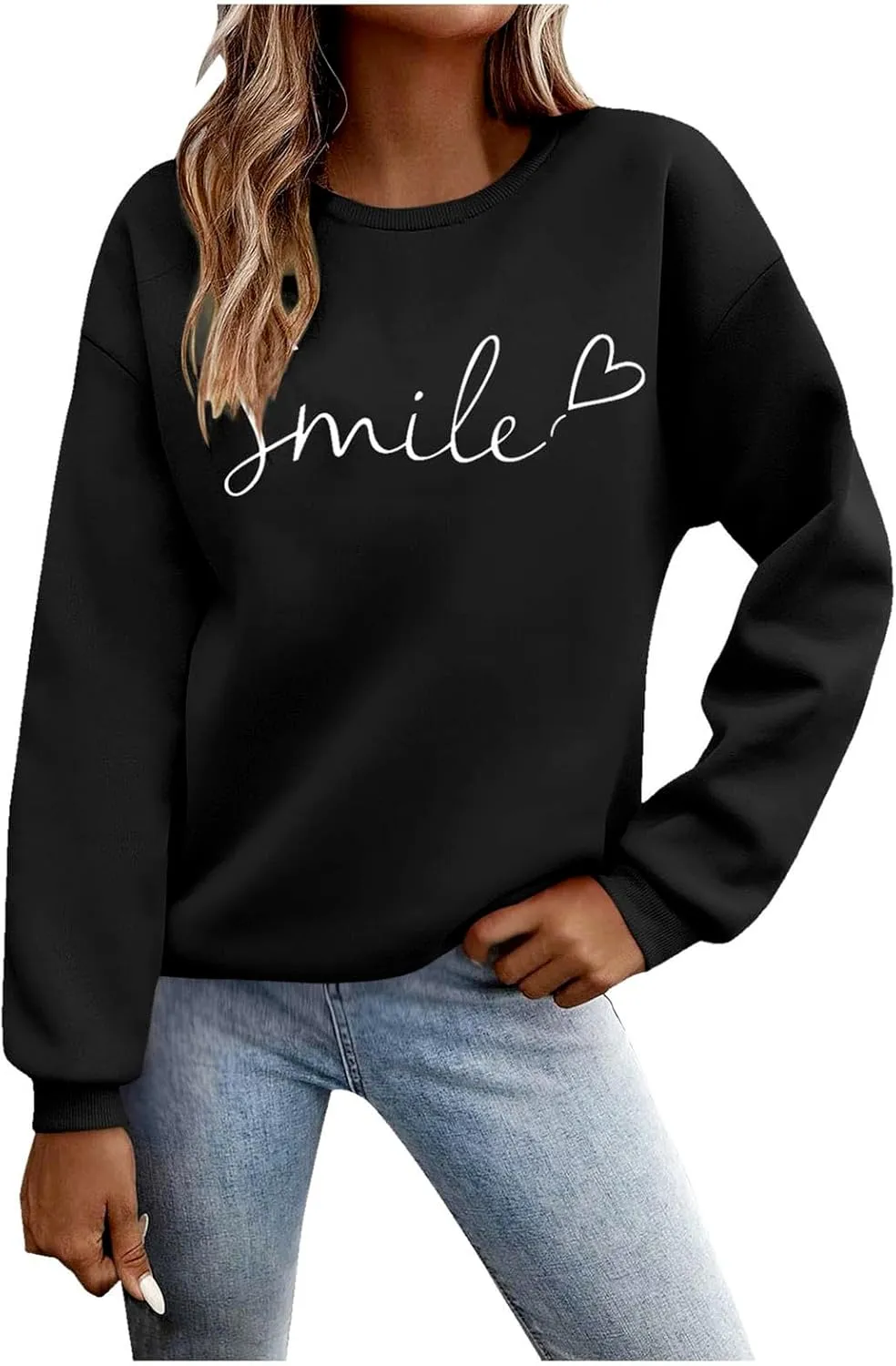 Oversized Sweatshirts for Women Smile Letter Graphic Crewneck Long Sleeve Pullover Tops Fleece Fall Preppy Shirts