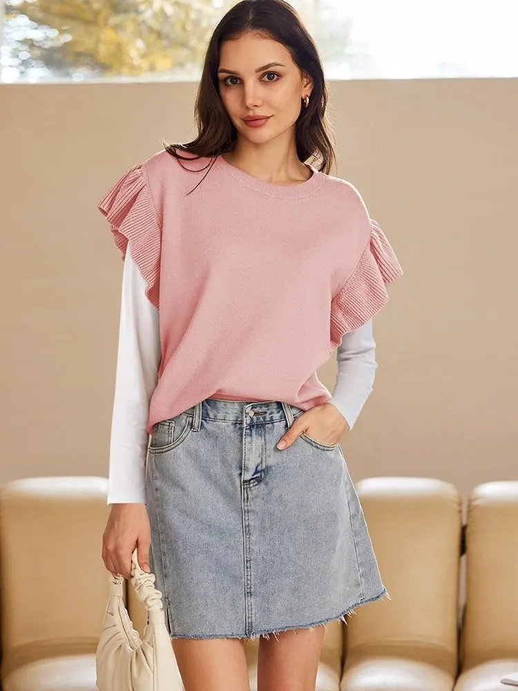 Pink Queen Women's Crew Neck Ruffle Edge Sleeves Loose Oversized Knit Pullover Sweater Jumper Tops Summer Fall Winter