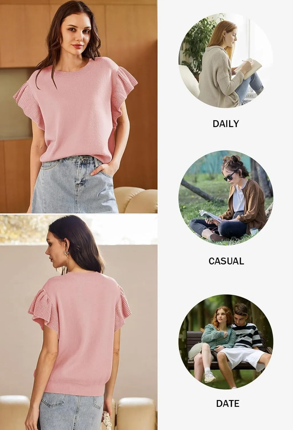 Pink Queen Women's Crew Neck Ruffle Edge Sleeves Loose Oversized Knit Pullover Sweater Jumper Tops Summer Fall Winter