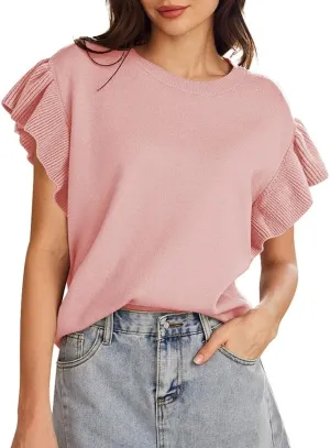 Pink Queen Women's Crew Neck Ruffle Edge Sleeves Loose Oversized Knit Pullover Sweater Jumper Tops Summer Fall Winter