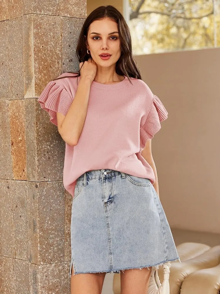 Pink Queen Women's Crew Neck Ruffle Edge Sleeves Loose Oversized Knit Pullover Sweater Jumper Tops Summer Fall Winter