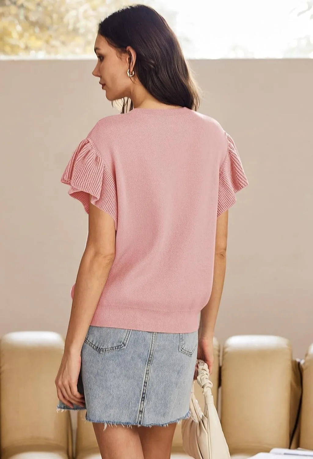 Pink Queen Women's Crew Neck Ruffle Edge Sleeves Loose Oversized Knit Pullover Sweater Jumper Tops Summer Fall Winter