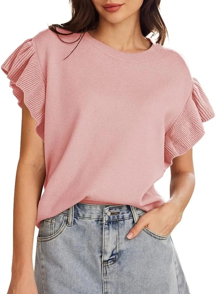 Pink Queen Women's Crew Neck Ruffle Edge Sleeves Loose Oversized Knit Pullover Sweater Jumper Tops Summer Fall Winter