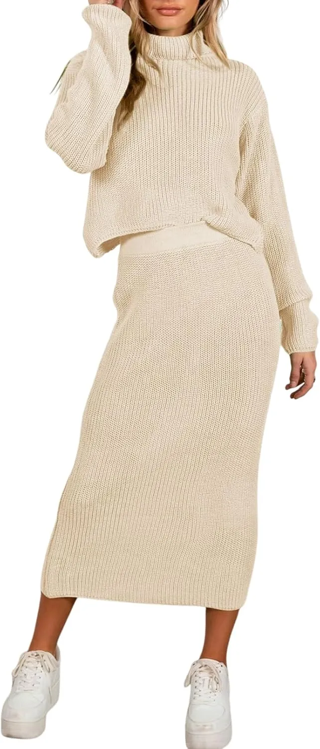 Pink Queen Women's Fall 2 Piece Sweater Set Rib Knit Long Sleeve Cross Criss Top Maxi Bodycon Skirt Casual Outfits