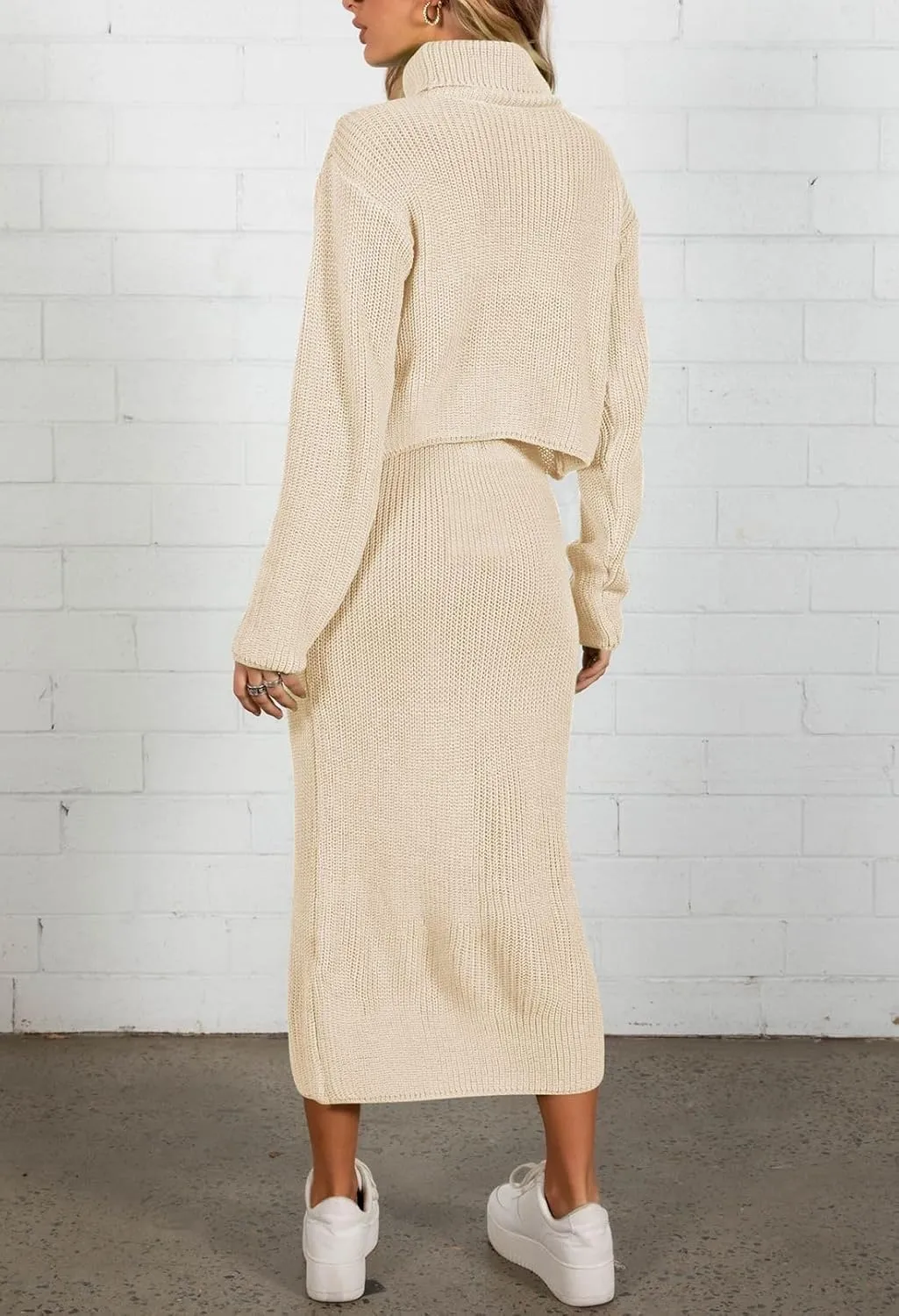Pink Queen Women's Fall 2 Piece Sweater Set Rib Knit Long Sleeve Cross Criss Top Maxi Bodycon Skirt Casual Outfits