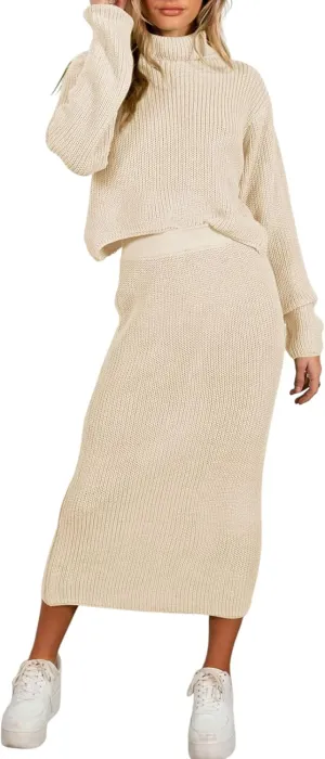 Pink Queen Women's Fall 2 Piece Sweater Set Rib Knit Long Sleeve Cross Criss Top Maxi Bodycon Skirt Casual Outfits