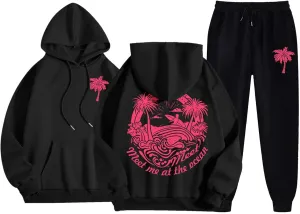 Pink Tracksuit For Women Y2K Drawstring Pullover Shirt Jogger Sweatpant Aesthetic Preppy Hoodies For Teen Girls Baggy