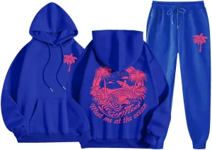 Pink Tracksuit For Women Y2K Drawstring Pullover Shirt Jogger Sweatpant Aesthetic Preppy Hoodies For Teen Girls Baggy