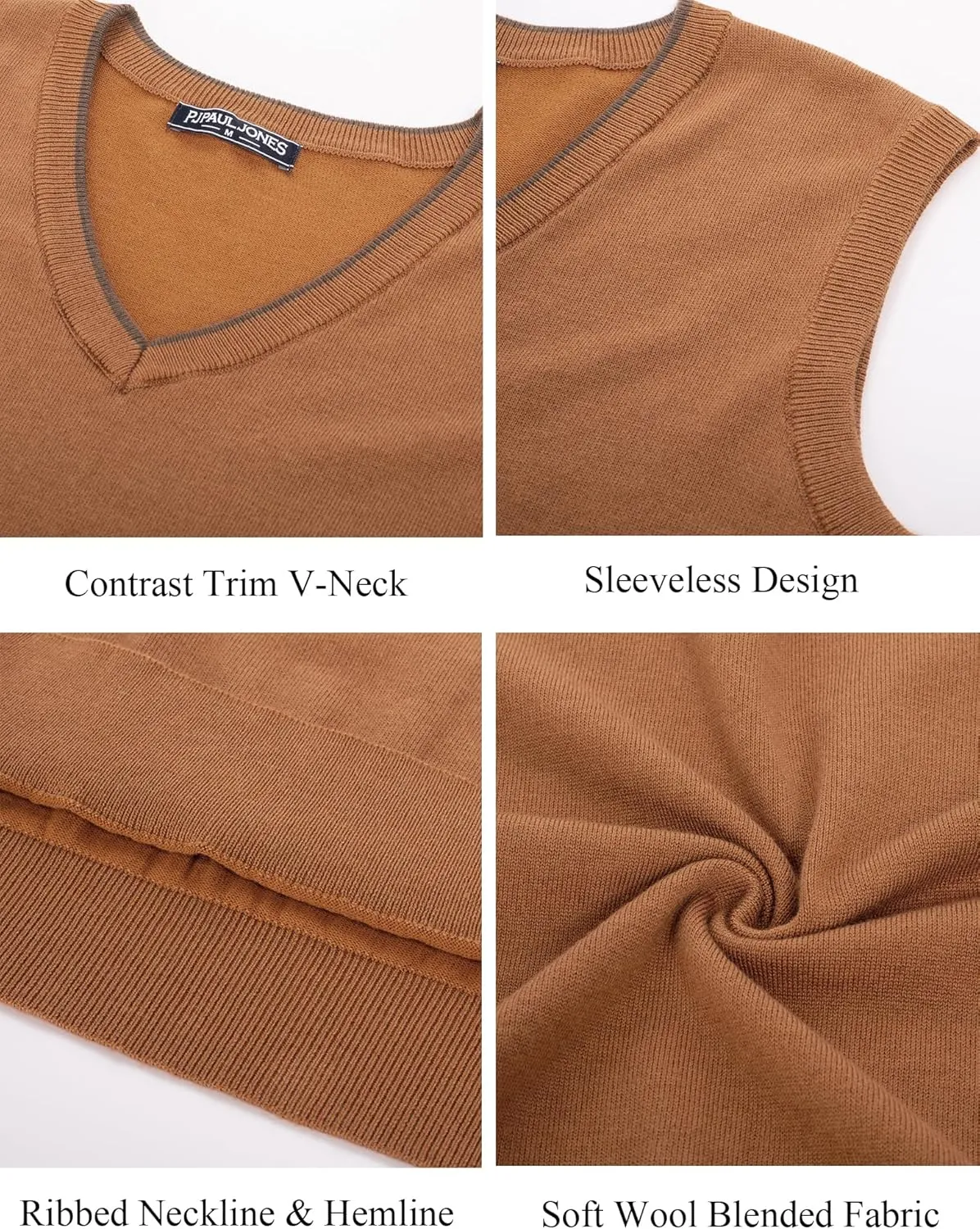 PJ PAUL JONES Mens Sweater Vest Wool Blended Knitted Vest Sweaters V-Neck Sleeveless Pullover Vests
