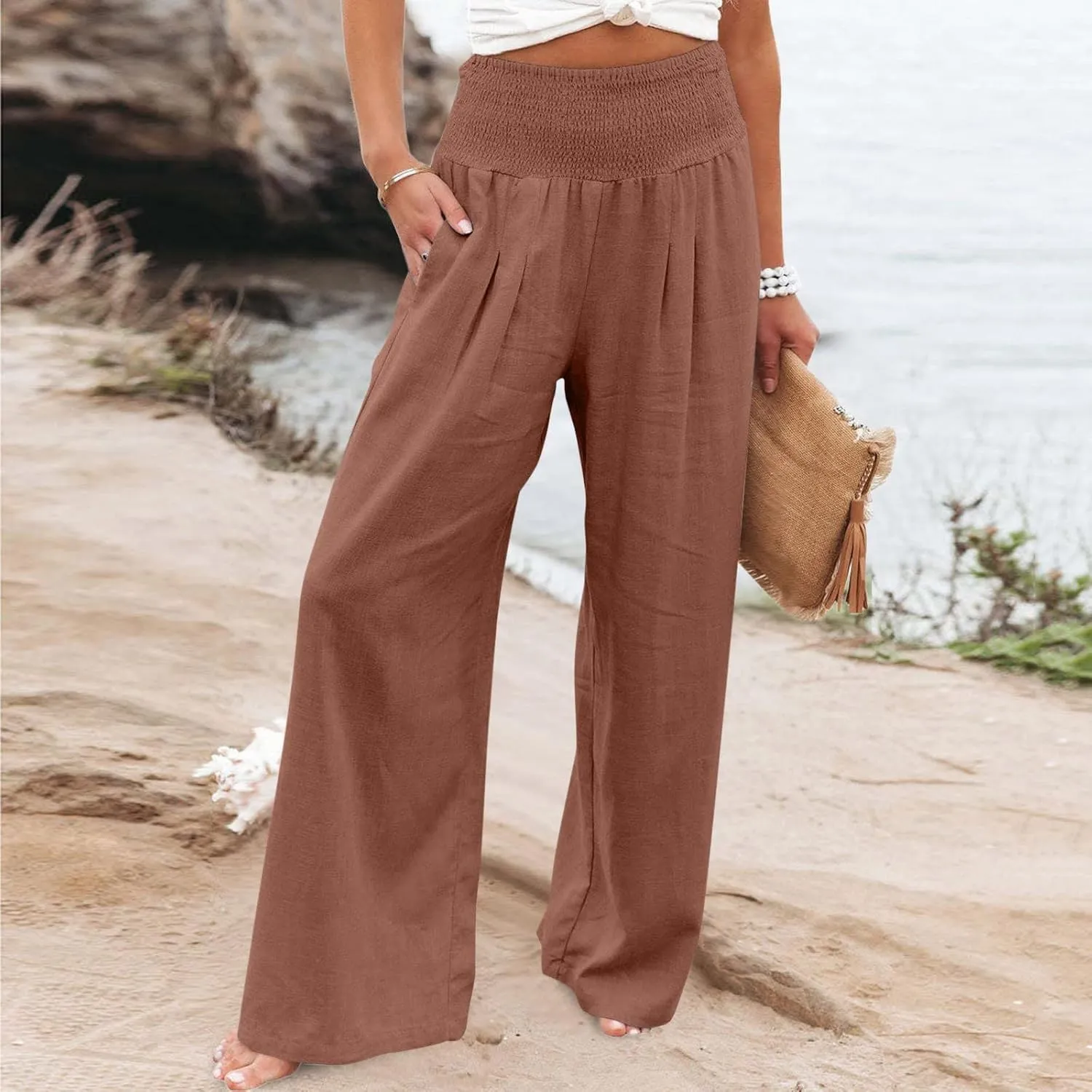 Plus Size Cotton Linen Pants for Women Casual Elastic High Waist Wide Leg Pants 2025 Summer Fashion Trousers with Pockets