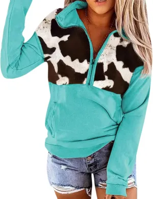 Quarter Zip Pullover Women, Cow Print Patchwork Sweatshirt Long Sleeve Lapel Jacket Tops Casual Loose Coat Outwear