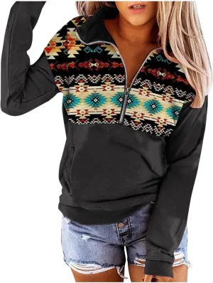 Quarter Zip Pullover Women, Cow Print Patchwork Sweatshirt Long Sleeve Lapel Jacket Tops Casual Loose Coat Outwear
