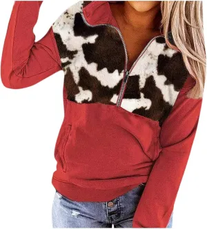 Quarter Zip Pullover Women, Cow Print Patchwork Sweatshirt Long Sleeve Lapel Jacket Tops Casual Loose Coat Outwear