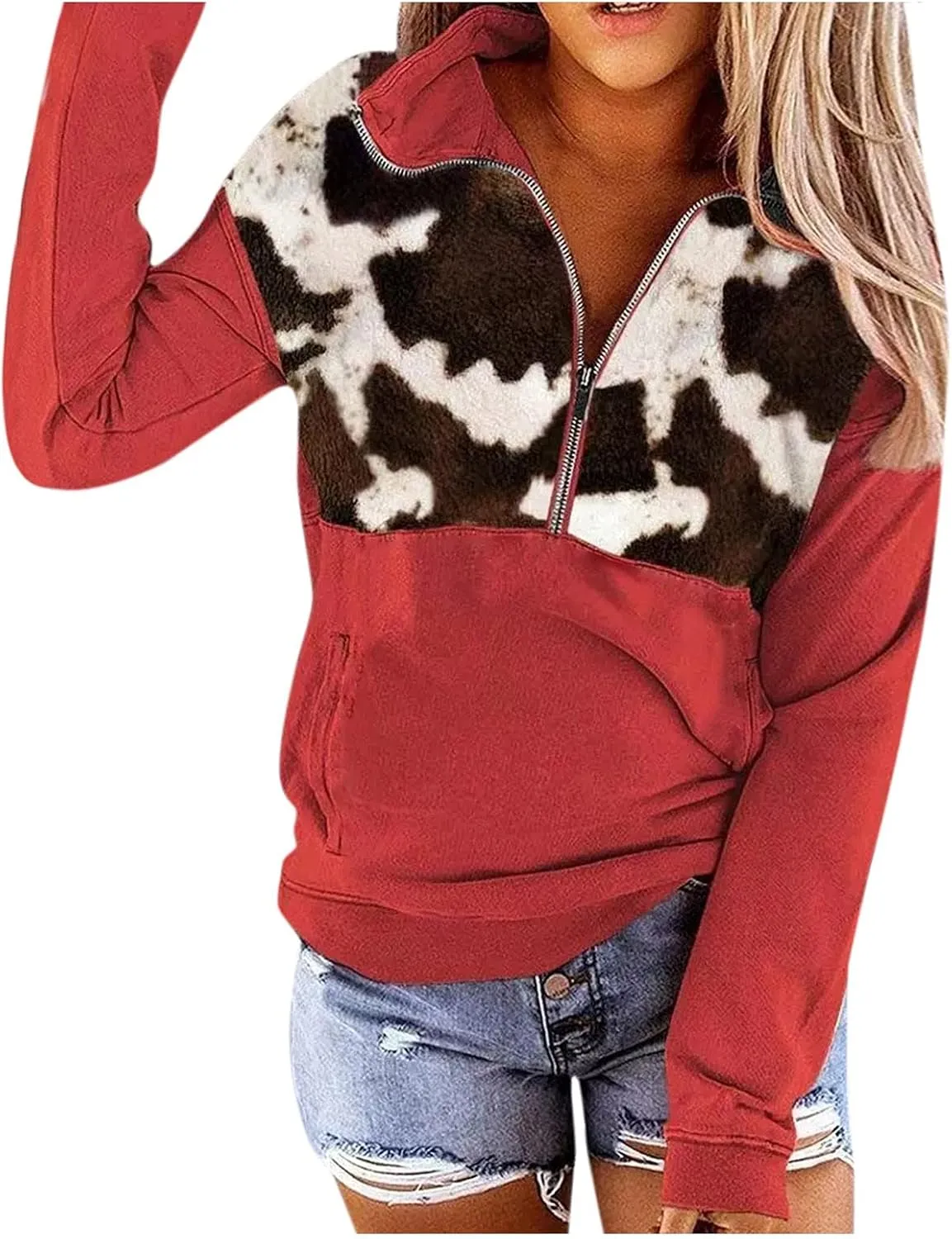 Quarter Zip Pullover Women, Cow Print Patchwork Sweatshirt Long Sleeve Lapel Jacket Tops Casual Loose Coat Outwear
