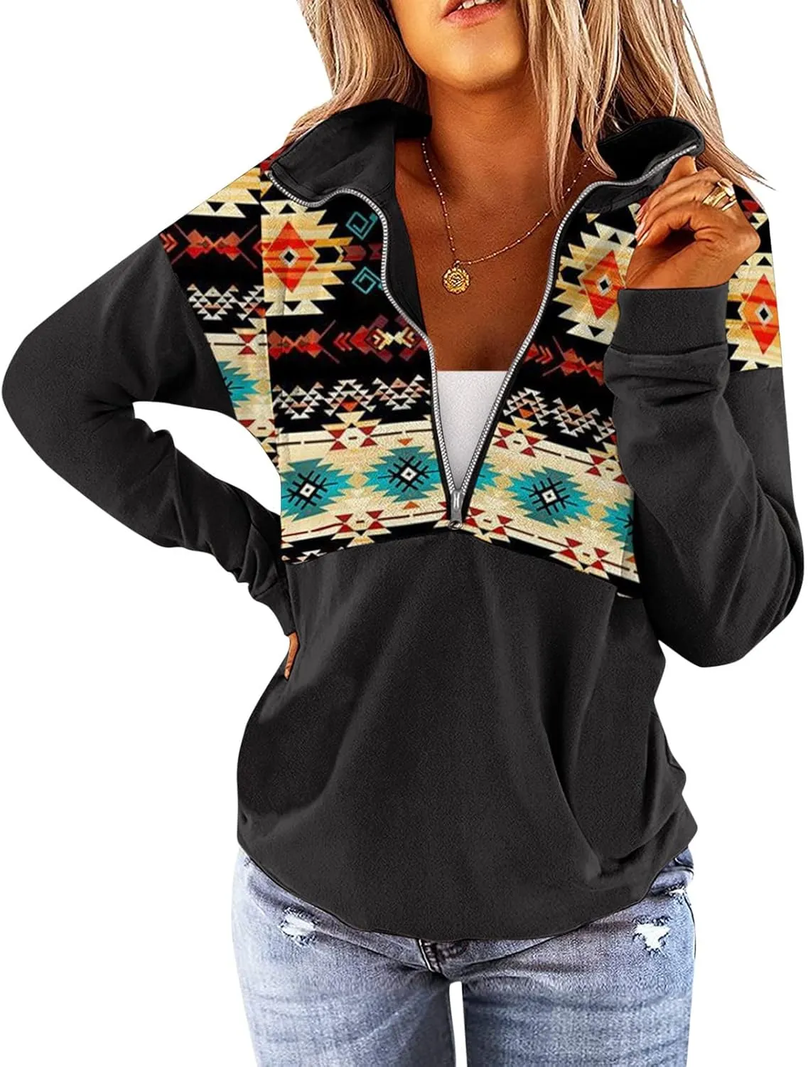 Quarter Zip Pullover Women, Cow Print Patchwork Sweatshirt Long Sleeve Lapel Jacket Tops Casual Loose Coat Outwear