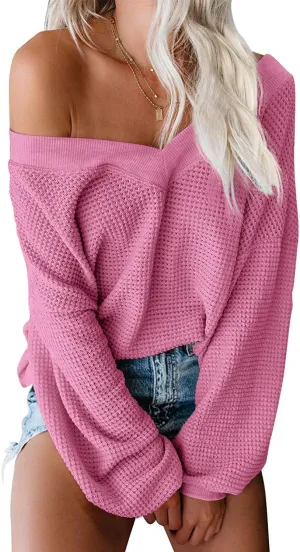 ReachMe Womens Oversized Off The Shoulder Tops Long Sleeve Waffle Knit Shirt Drop Shoulder Sweater Top