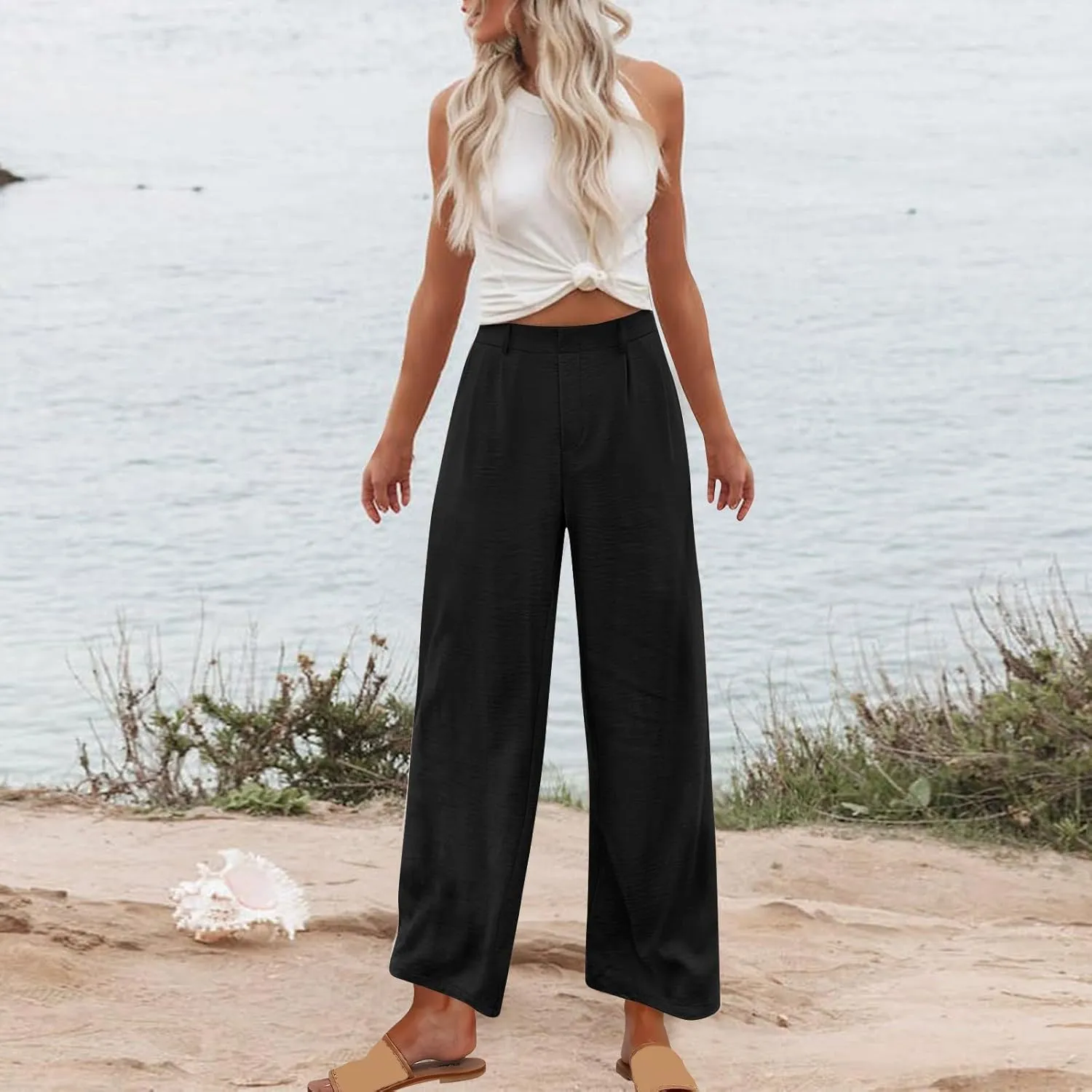 RKSTN Womens Loose Wide Leg Pants High Waist Straight Pants Casual Work Dress Pant Plain Trouser Pants with Pockets