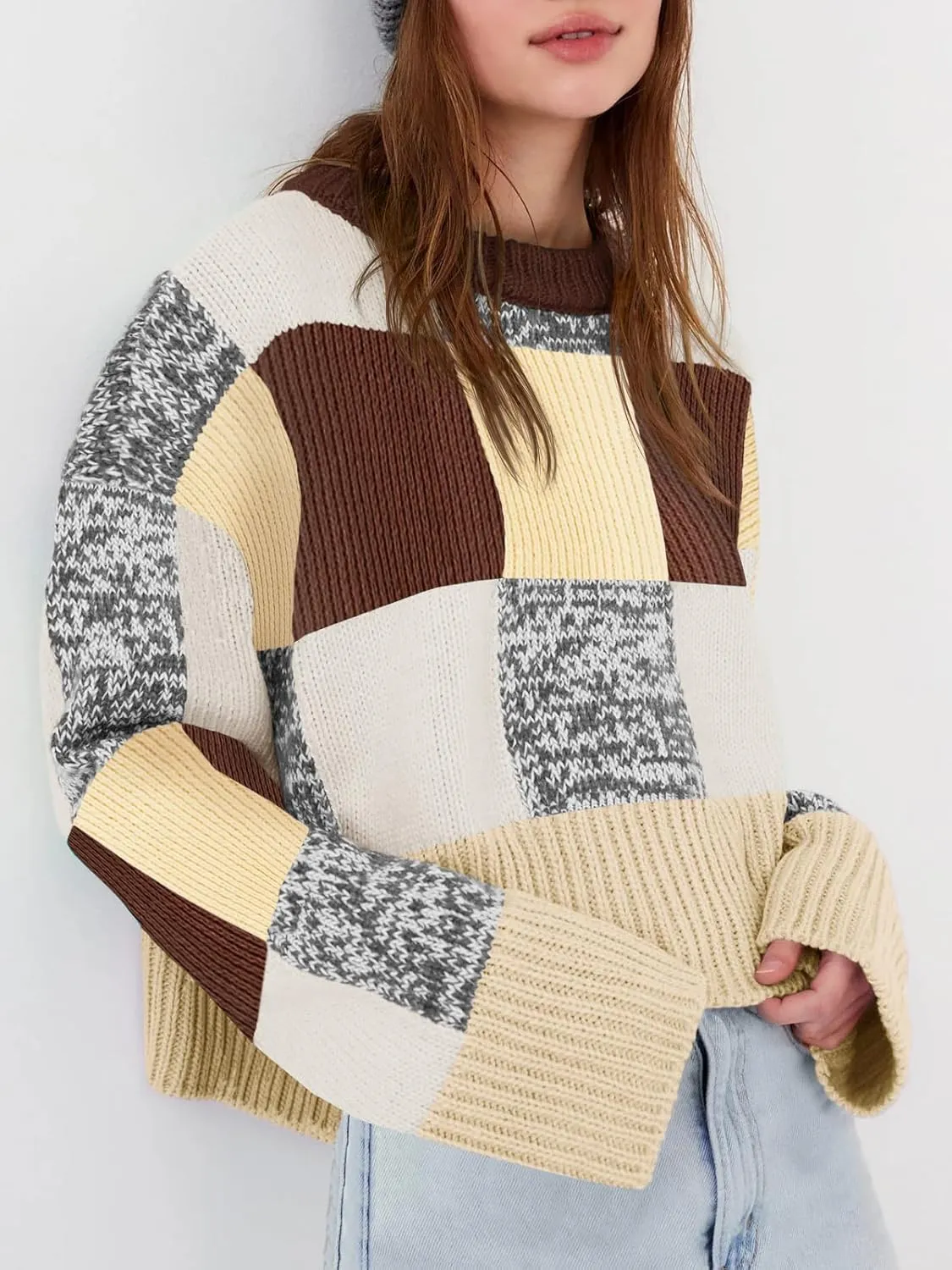Saodimallsu Womens Checkered Sweater Cropped Oversized Trendy Fall Crew Neck Color Block Pullover Sweaters