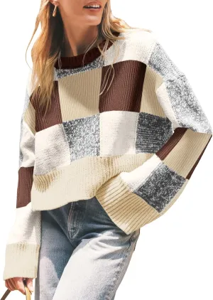 Saodimallsu Womens Checkered Sweater Cropped Oversized Trendy Fall Crew Neck Color Block Pullover Sweaters