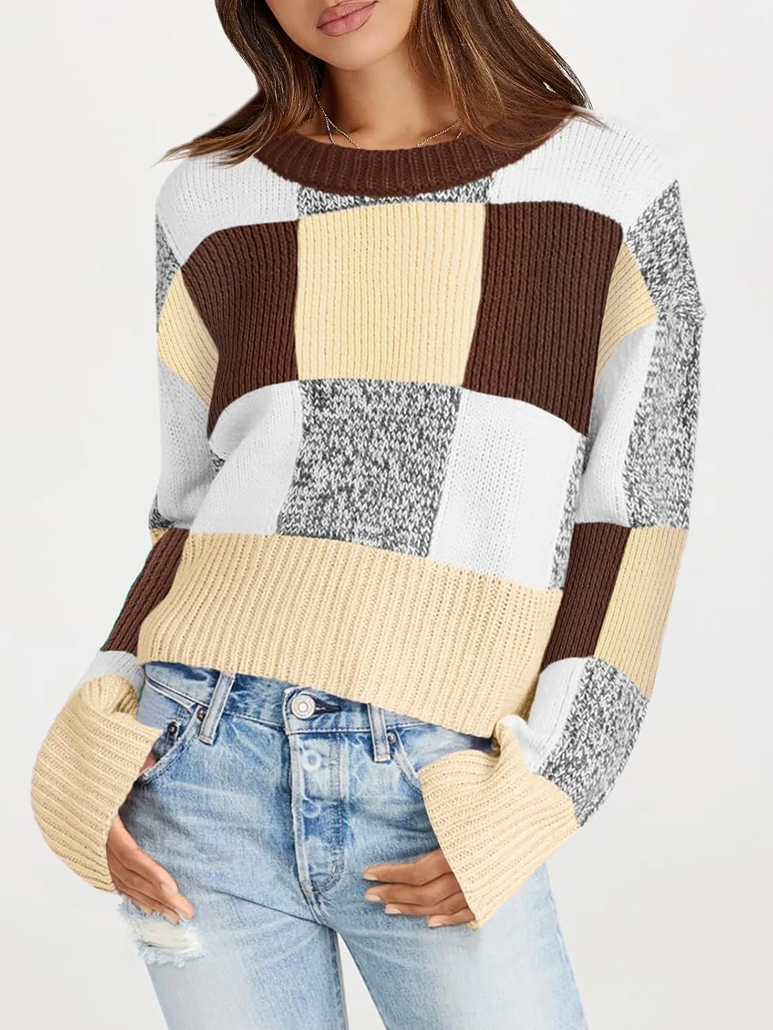 Saodimallsu Womens Checkered Sweater Cropped Oversized Trendy Fall Crew Neck Color Block Pullover Sweaters