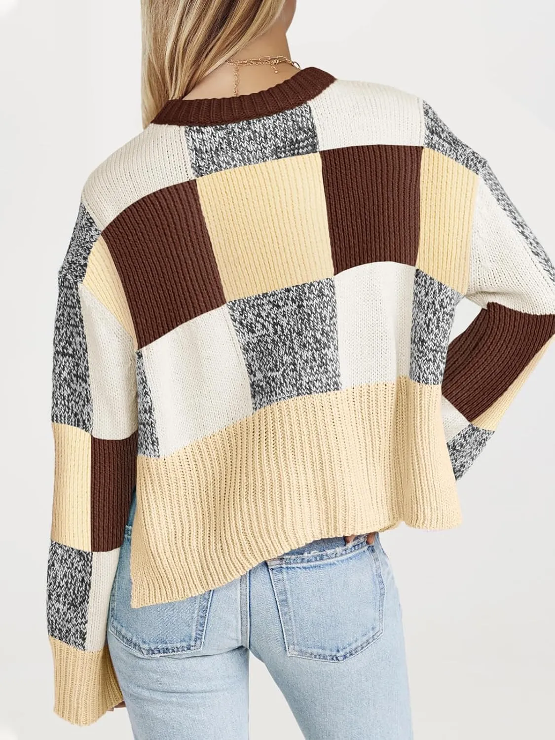 Saodimallsu Womens Checkered Sweater Cropped Oversized Trendy Fall Crew Neck Color Block Pullover Sweaters