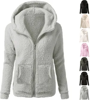 Sherpa Jacket Women Fleece Full Zip Up Hooded Teddy Coats Thermal Long Sleeve Fuzzy Hoodies with Pockets