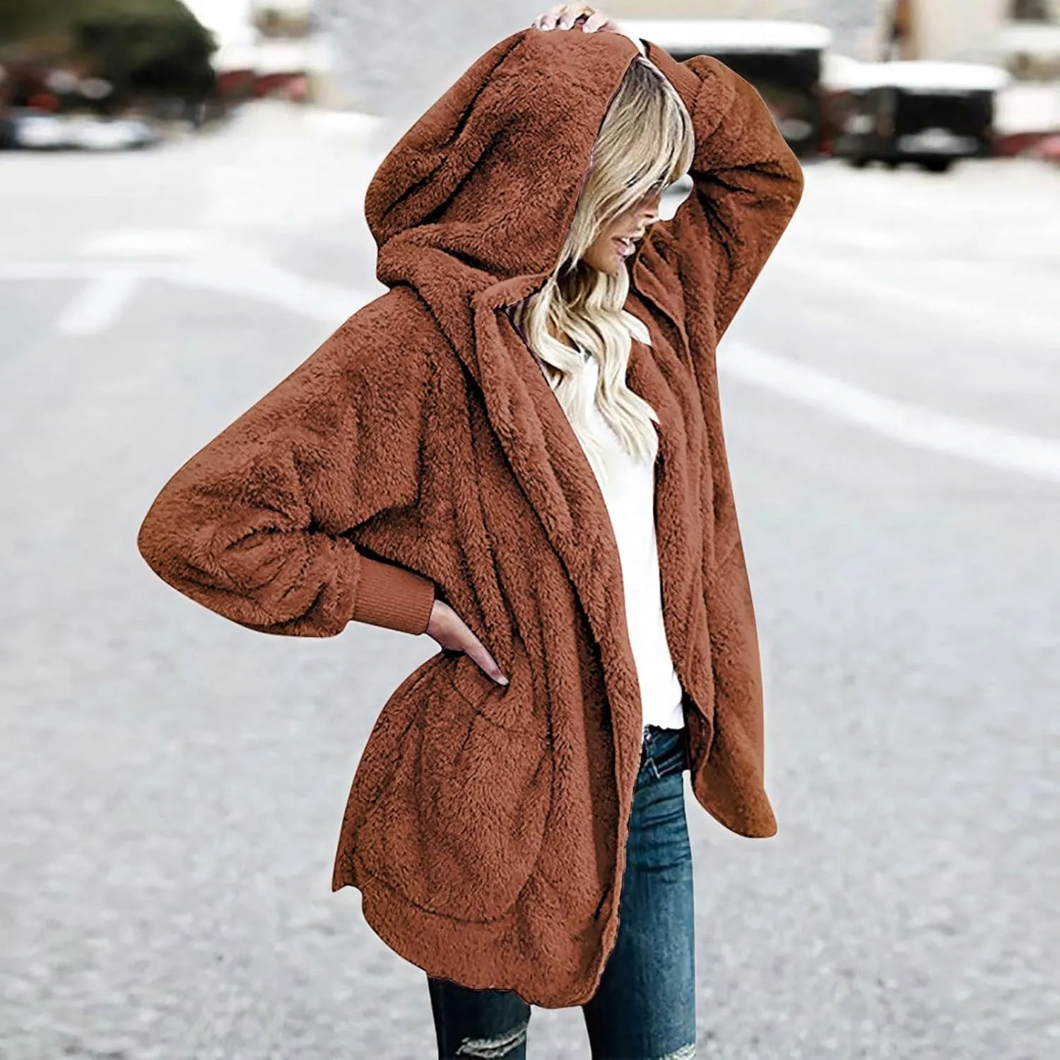 Sherpa Jacket Women Oversized Hooded Fuzzy Fleece Jackets with Pocket Warm Cozy Hoodie Cardigan Coat Plus Size