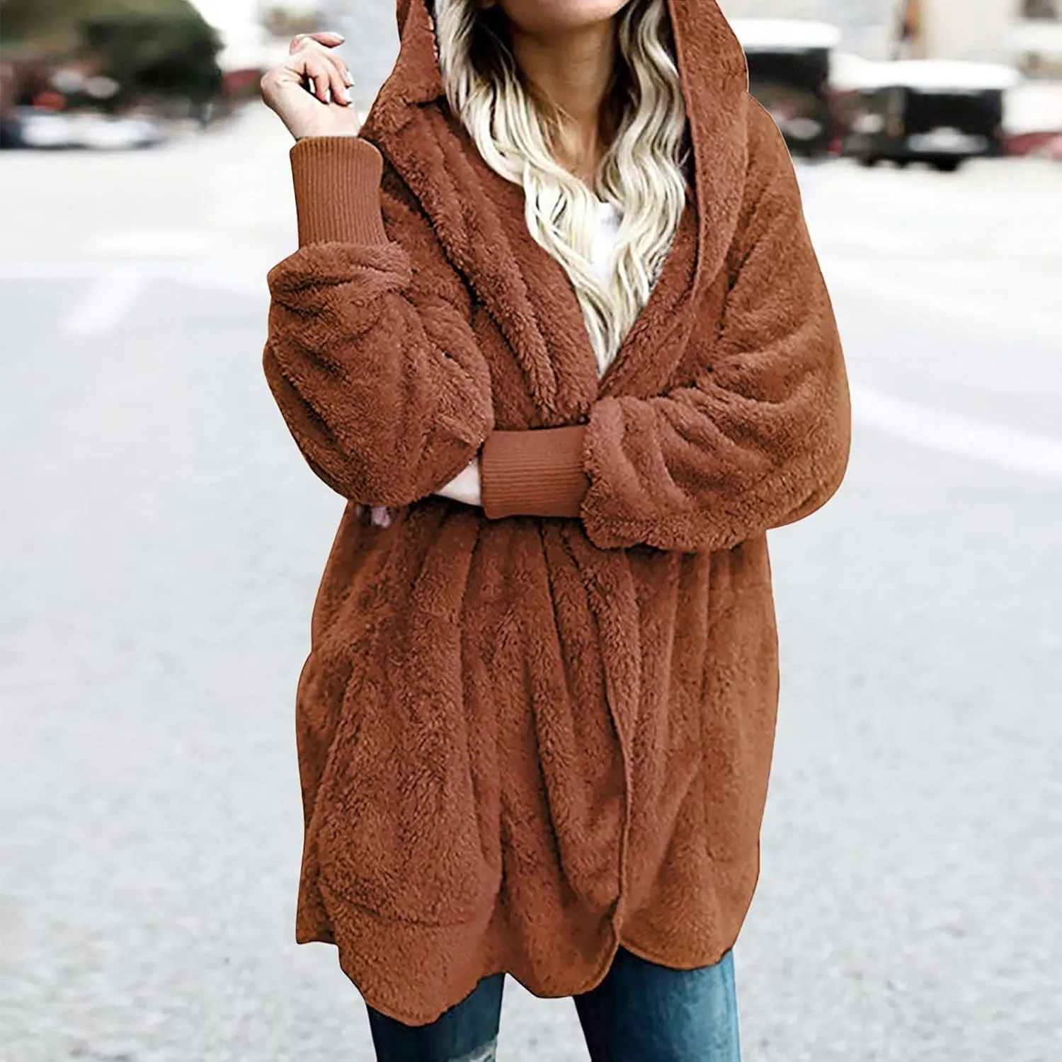 Sherpa Jacket Women Oversized Hooded Fuzzy Fleece Jackets with Pocket Warm Cozy Hoodie Cardigan Coat Plus Size