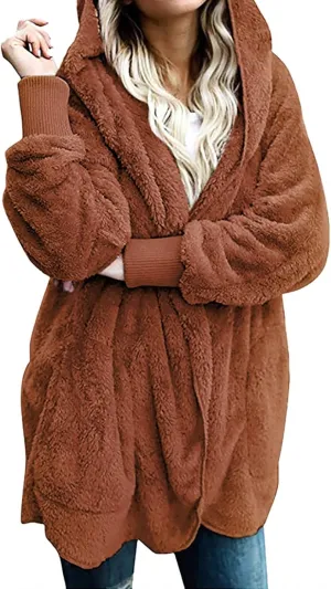 Sherpa Jacket Women Oversized Hooded Fuzzy Fleece Jackets with Pocket Warm Cozy Hoodie Cardigan Coat Plus Size