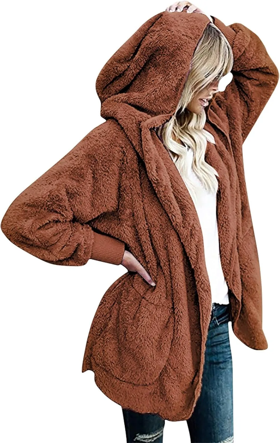 Sherpa Jacket Women Oversized Hooded Fuzzy Fleece Jackets with Pocket Warm Cozy Hoodie Cardigan Coat Plus Size