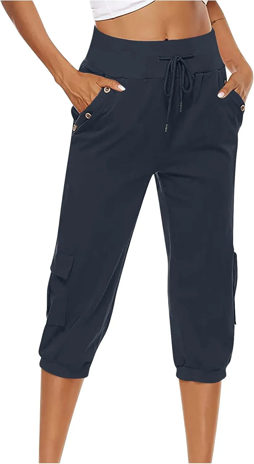 SMIDOW Capri Pants for Women Dressy Casual Drawstring Elastic High Waist Cotton Linen Trousers Active Running Sweatpants