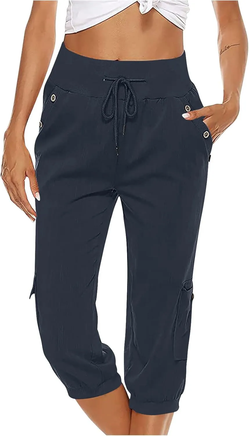 SMIDOW Capri Pants for Women Dressy Casual Drawstring Elastic High Waist Cotton Linen Trousers Active Running Sweatpants