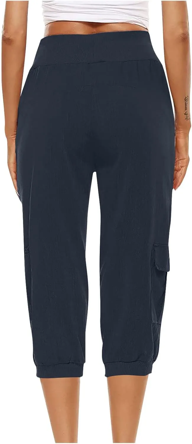 SMIDOW Capri Pants for Women Dressy Casual Drawstring Elastic High Waist Cotton Linen Trousers Active Running Sweatpants