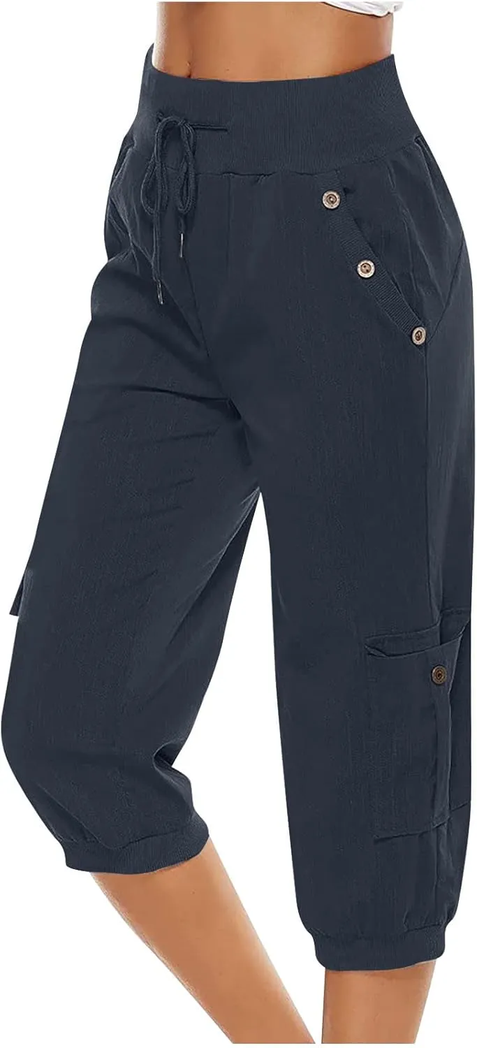 SMIDOW Capri Pants for Women Dressy Casual Drawstring Elastic High Waist Cotton Linen Trousers Active Running Sweatpants