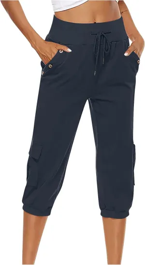 SMIDOW Capri Pants for Women Dressy Casual Drawstring Elastic High Waist Cotton Linen Trousers Active Running Sweatpants