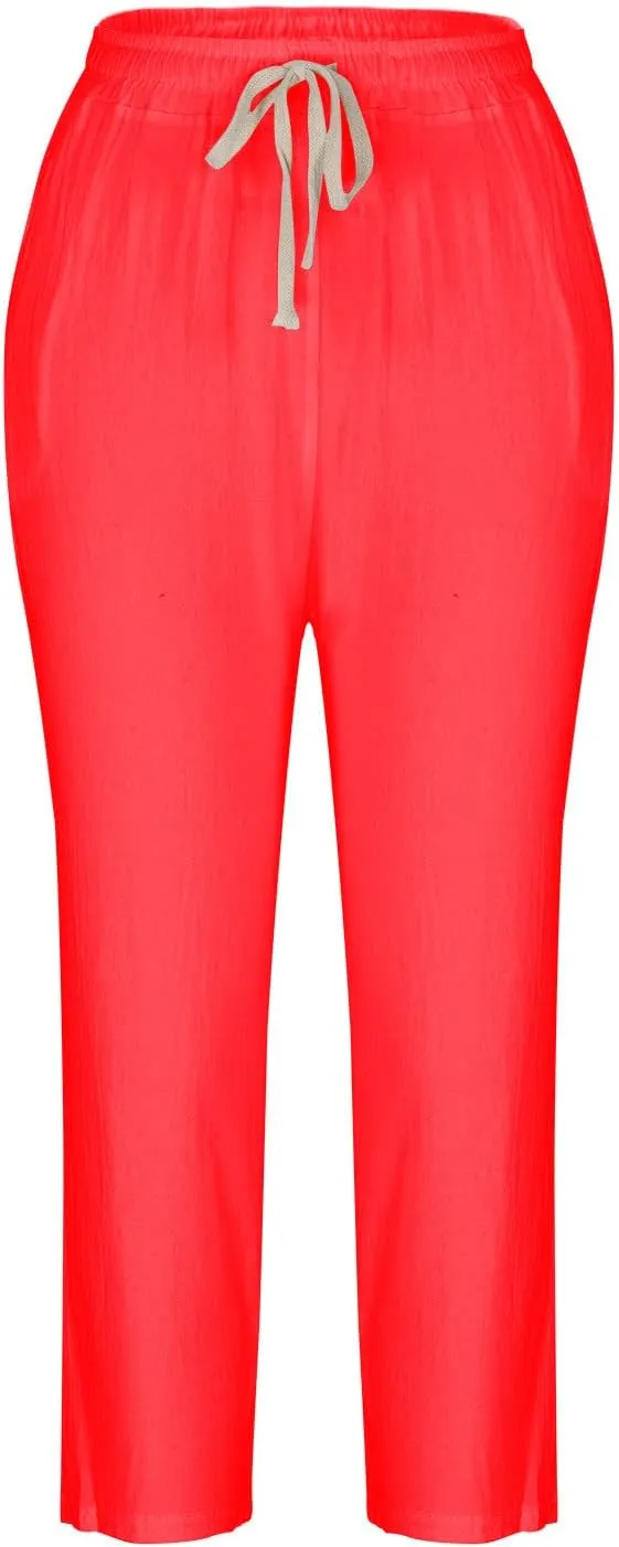 SMIDOW Cotton Linen Cropped Pants for Women Casual Straight Leg Drawstring Elastic Waist Capris Loose Lounge Trousers