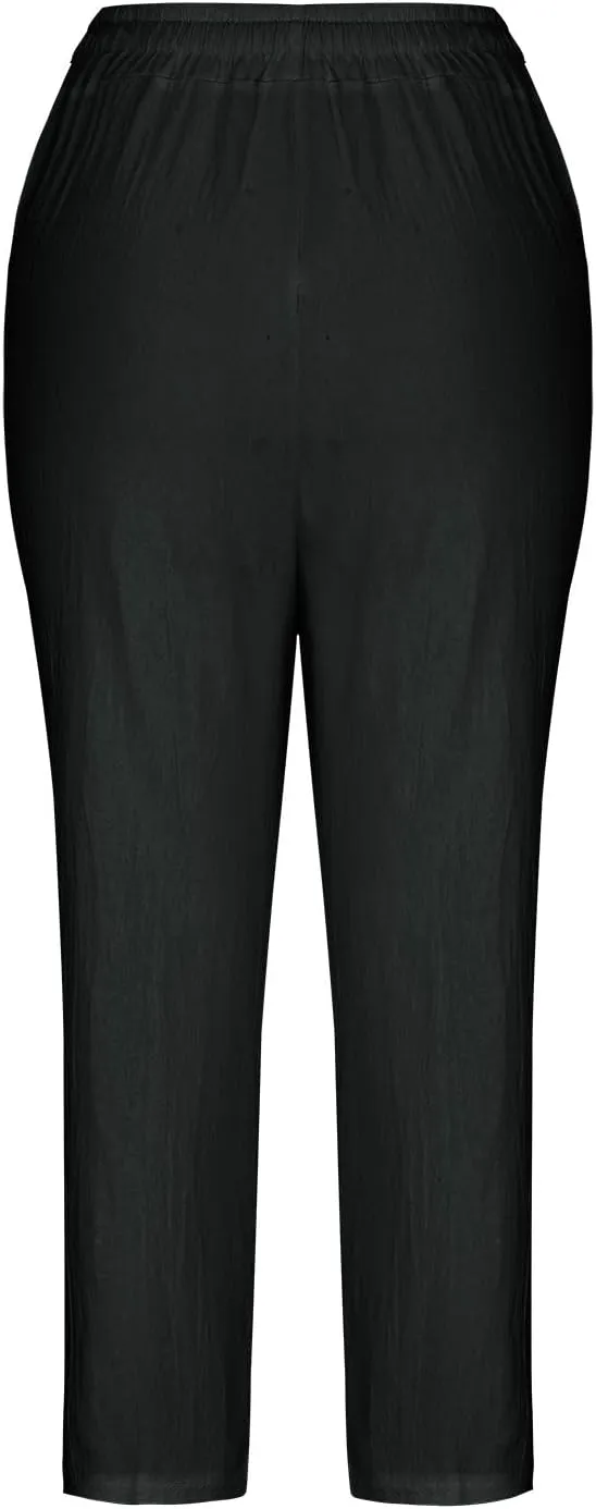 SMIDOW Cotton Linen Cropped Pants for Women Casual Straight Leg Drawstring Elastic Waist Capris Loose Lounge Trousers