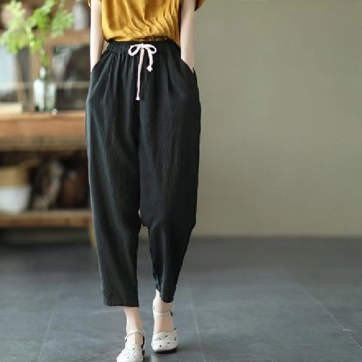 SMIDOW Cotton Linen Cropped Pants for Women Casual Straight Leg Drawstring Elastic Waist Capris Loose Lounge Trousers