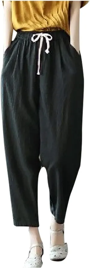 SMIDOW Cotton Linen Cropped Pants for Women Casual Straight Leg Drawstring Elastic Waist Capris Loose Lounge Trousers