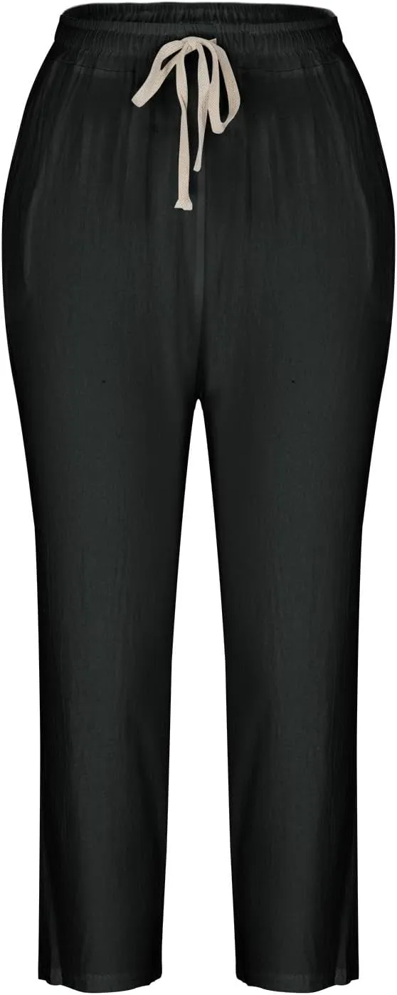 SMIDOW Cotton Linen Cropped Pants for Women Casual Straight Leg Drawstring Elastic Waist Capris Loose Lounge Trousers