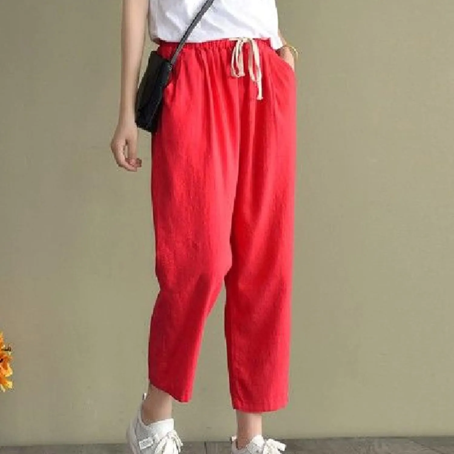 SMIDOW Cotton Linen Cropped Pants for Women Casual Straight Leg Drawstring Elastic Waist Capris Loose Lounge Trousers