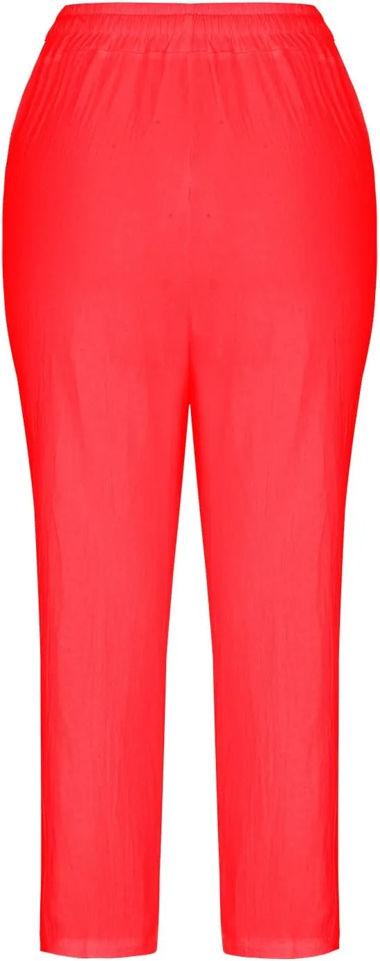SMIDOW Cotton Linen Cropped Pants for Women Casual Straight Leg Drawstring Elastic Waist Capris Loose Lounge Trousers