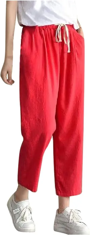 SMIDOW Cotton Linen Cropped Pants for Women Casual Straight Leg Drawstring Elastic Waist Capris Loose Lounge Trousers
