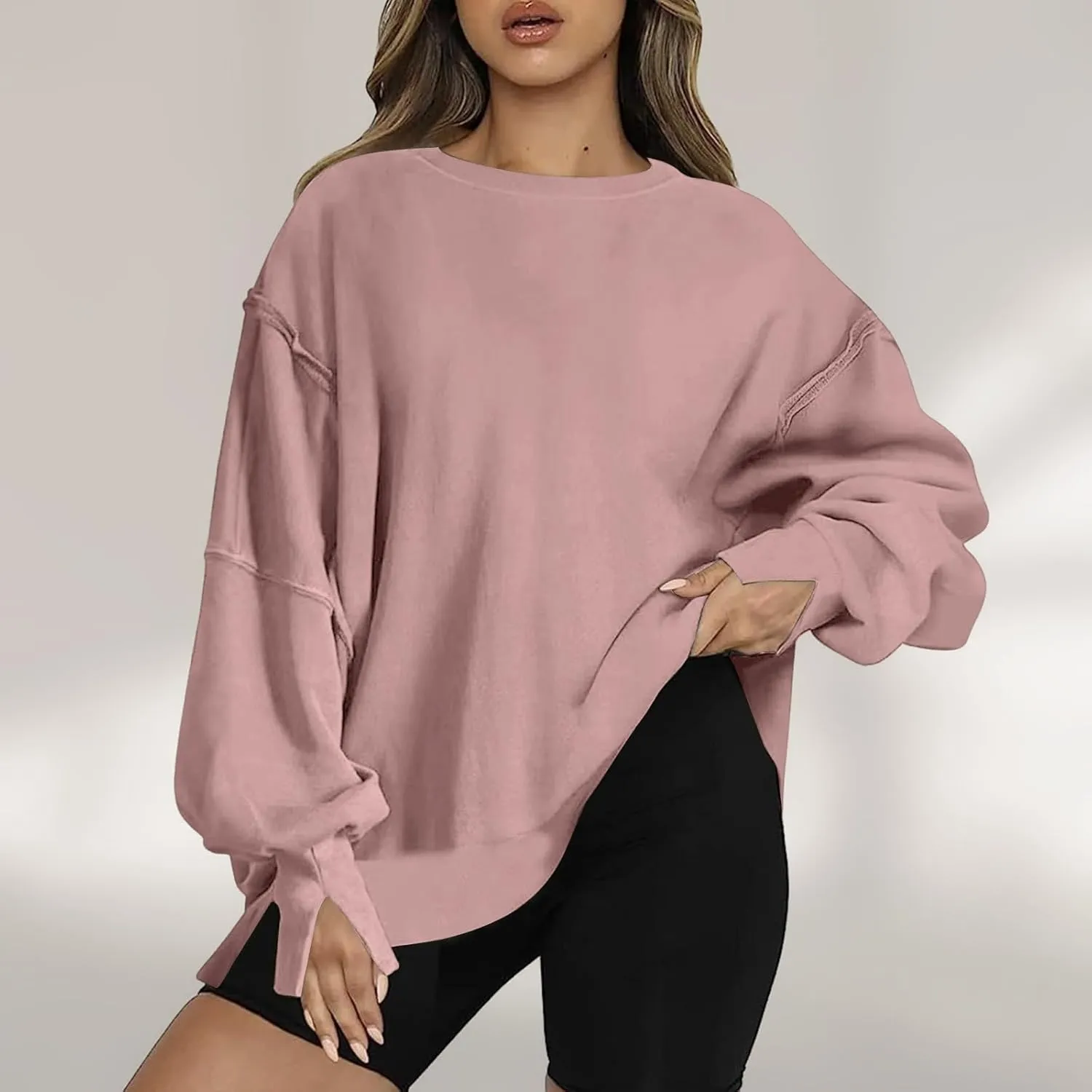 SMIDOW Womens Oversized Crewneck Sweatshirts Hoodies Fall 2023 Fashion Warm Y2k Clothes Casual Slit Sloucthy Pullover Tops