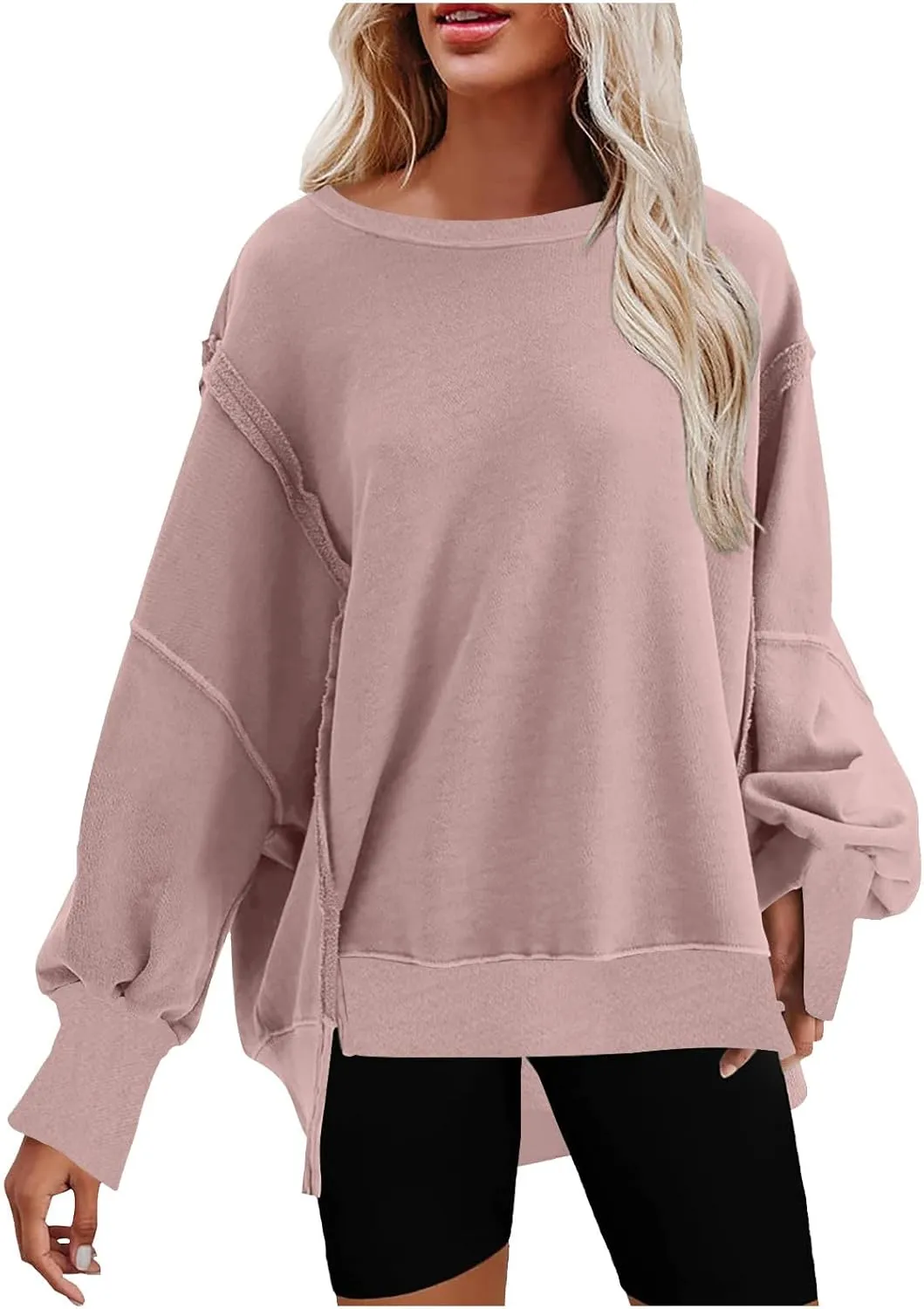 SMIDOW Womens Oversized Crewneck Sweatshirts Hoodies Fall 2023 Fashion Warm Y2k Clothes Casual Slit Sloucthy Pullover Tops